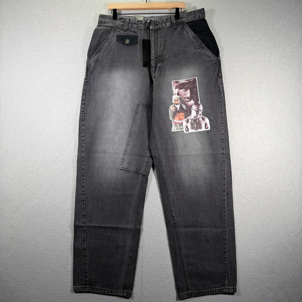 Vintage Makaveli Brand Men's Black Graphic Print‎ Denim Jeans Size 38x34 Y2K